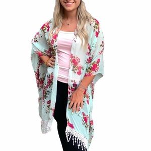 Fringe Hem Floral Open Front Wrap Kimono One Size